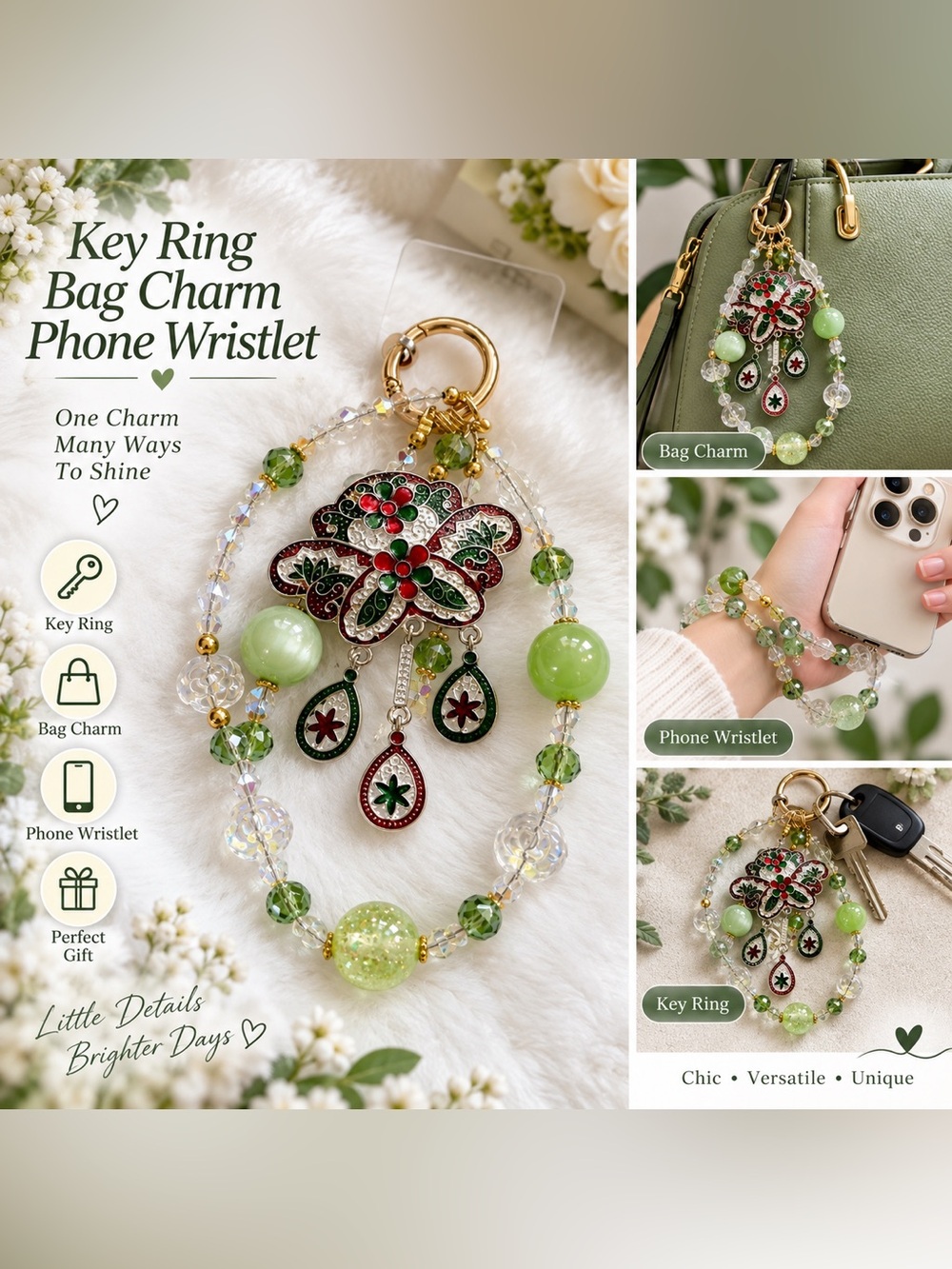 Green Floral Enamel phone Charm Bracelet Wristlet & Bag Charm